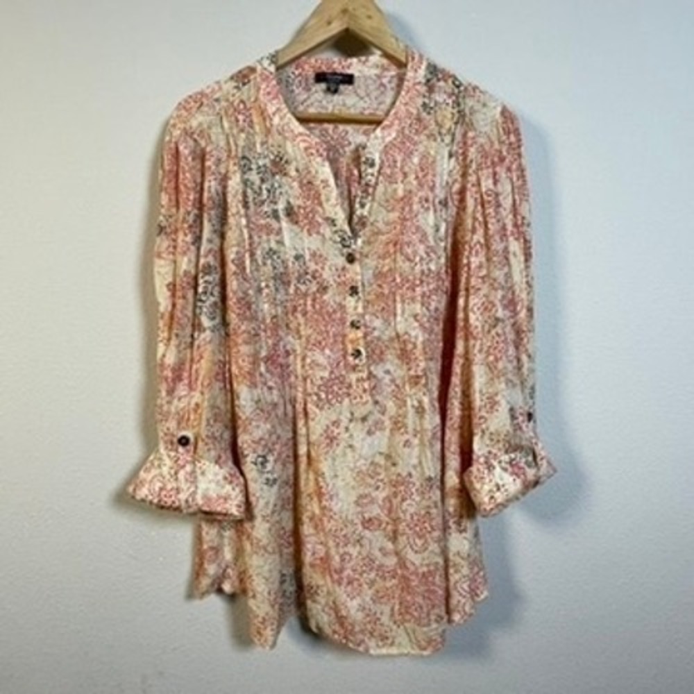 Cocomo Woman Blouse Women 3X Orange Floral Rayon Henley Cottagecore Tunic Boho